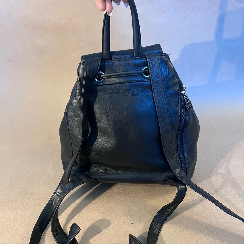 Perlina NY Black Leather Drawstring Magnetic Flap Closure Backpack Backzip Entry